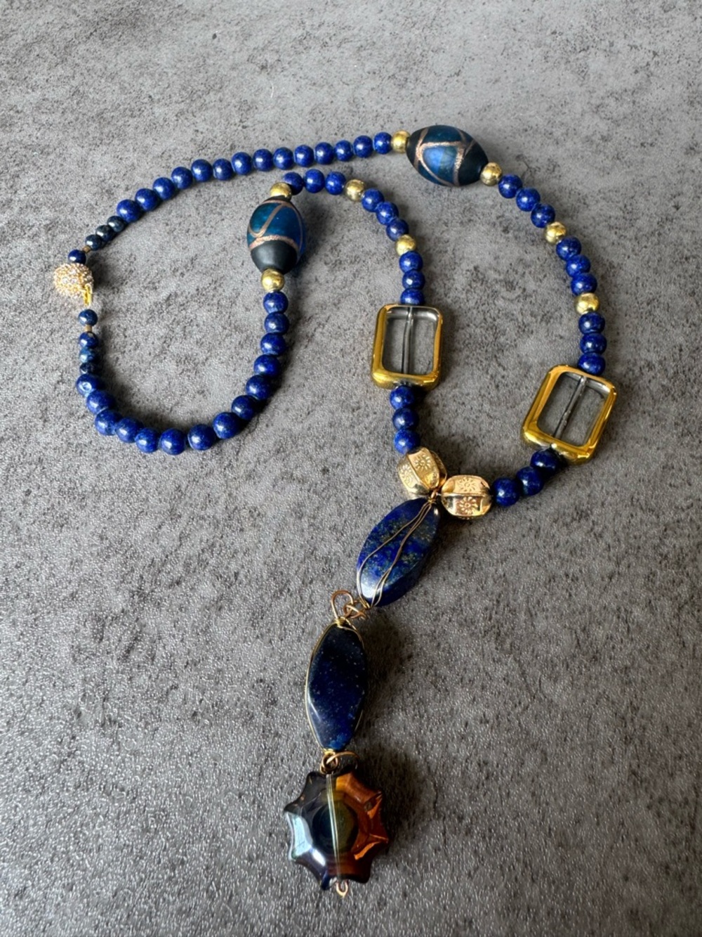Blue Lapis Lazuli & Glass Artisan Beaded Necklace